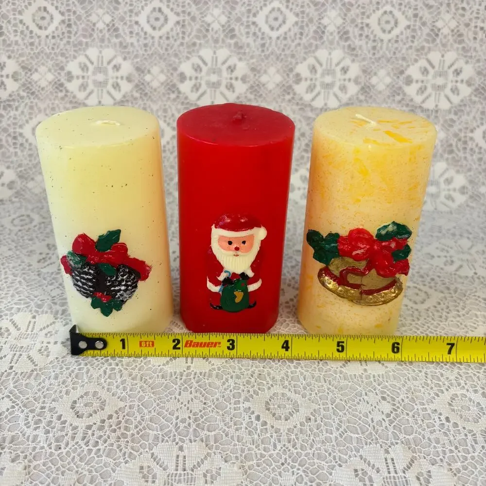 Set of 3 Vintage Christmas Pillar Candles Santa Bells Pinecones Holiday Decor